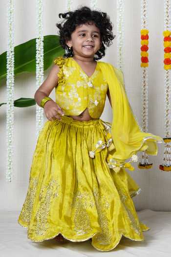 Buy_Poochkie_Green Silk, Tissue Floral Embroidered Lehenga Set _Online_at_Aza_Fashions