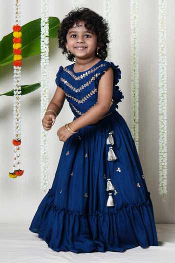 Poochkie_Blue Silk, Viscose Hand Embroidered Lehenga And Pleated Blouse Set _Online_at_Aza_Fashions