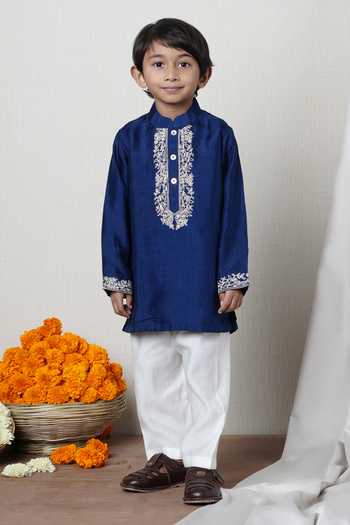 Poochkie_Blue Silk, Viscose Embroidered Kurta Set _Online_at_Aza_Fashions