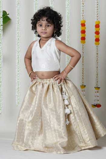 Buy_Poochkie_Off White Silk, Brocade, Jacquard Chandrika Halter Neck Blouse And Lehenga Set _Online_at_Aza_Fashions