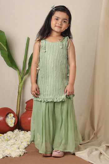 Poochkie_Green Silk, Organza Mukta Embroidered Kurta And Palazzo Set _at_Aza_Fashions