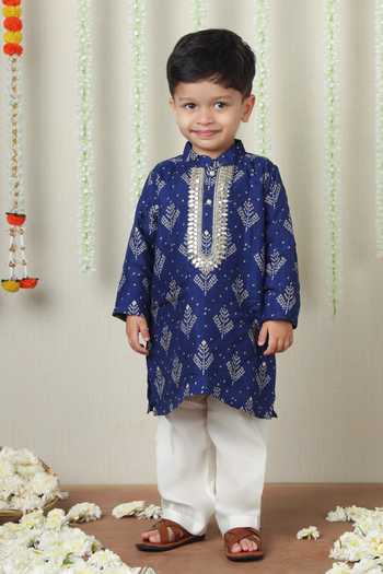 Shop_Poochkie_Blue Silk, Viscose Bandhani Print Kurta Set _Online_at_Aza_Fashions