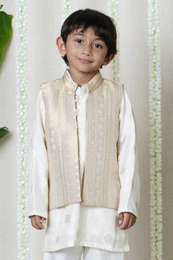 Buy_Poochkie_Beige Silk, Brocade Embroidery Bundi And Kurta Set _Online_at_Aza_Fashions