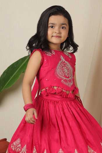 Poochkie_Pink Silk, Viscose Roshan Gulal Embroidered Lehenga And Blouse Set _Online_at_Aza_Fashions