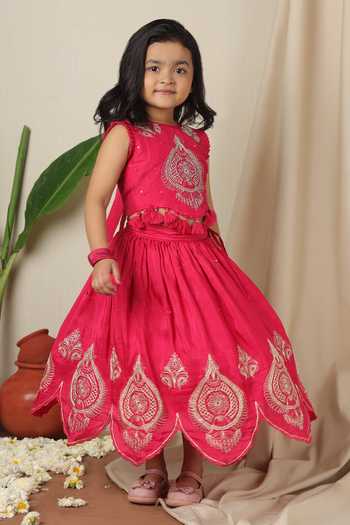 Buy_Poochkie_Pink Silk, Viscose Roshan Gulal Embroidered Lehenga And Blouse Set _Online_at_Aza_Fashions