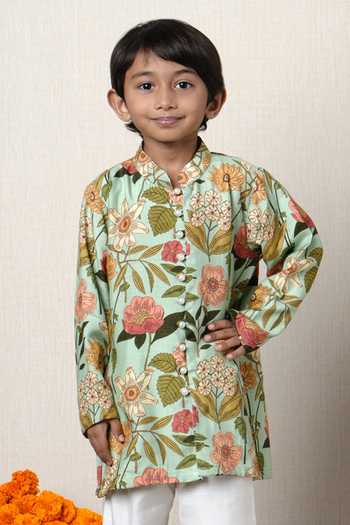 Buy_Poochkie_Green Silk Floral Print Kurta And Pant Set _Online_at_Aza_Fashions