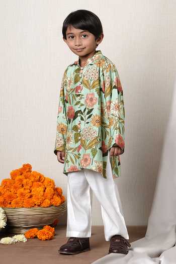 Shop_Poochkie_Green Silk Floral Print Kurta And Pant Set _Online_at_Aza_Fashions