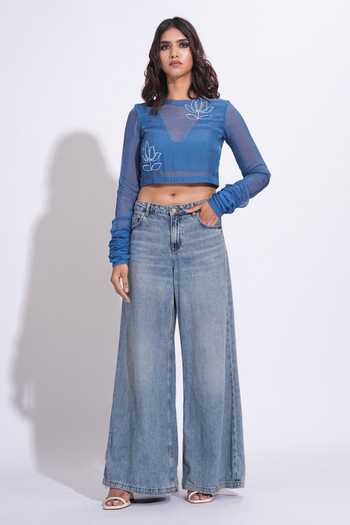 Shruti S_Cobalt Organza, Satin Round Neck, Sequin Crop Top And Bralette Set _Online_at_Aza_Fashions