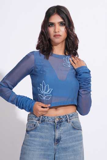 Buy_Shruti S_Cobalt Organza, Satin Round Neck, Sequin Crop Top And Bralette Set _Online_at_Aza_Fashions