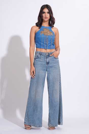 Shruti S_Cobalt Satin Halter Neck Metallic Embroidered Top _Online_at_Aza_Fashions