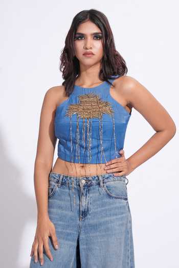 Buy_Shruti S_Cobalt Satin Halter Neck Metallic Embroidered Top _Online_at_Aza_Fashions