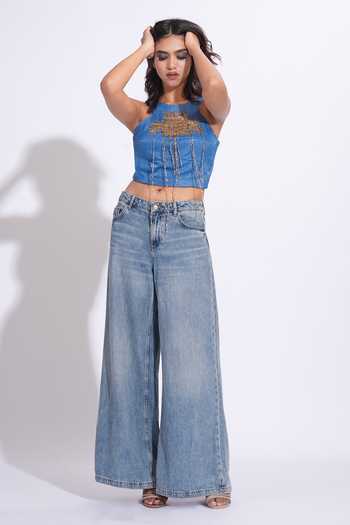 Shop_Shruti S_Cobalt Satin Halter Neck Metallic Embroidered Top _Online_at_Aza_Fashions