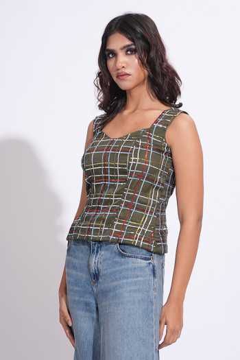 Shop_Shruti S_Olive Green Satin Scoop Neck Sequin Embroidered Top _Online_at_Aza_Fashions