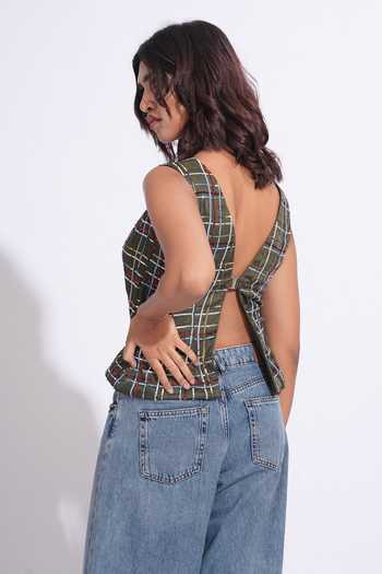 Shruti S_Olive Green Satin Scoop Neck Sequin Embroidered Top _at_Aza_Fashions