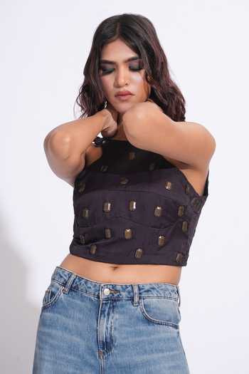 Shop_Shruti S_Purple Satin Round Neck Metallic Hand Embroidered Top _Online_at_Aza_Fashions
