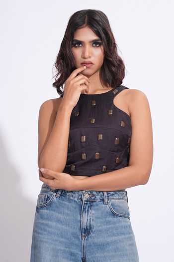 Shruti S_Purple Satin Round Neck Metallic Hand Embroidered Top _at_Aza_Fashions