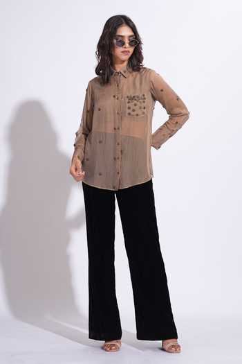 Shruti S_Brown Organza Collared Hand Embroidered Shirt _Online_at_Aza_Fashions