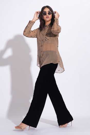 Buy_Shruti S_Brown Organza Collared Hand Embroidered Shirt _Online_at_Aza_Fashions