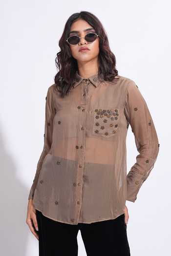 Shop_Shruti S_Brown Organza Collared Hand Embroidered Shirt _Online_at_Aza_Fashions