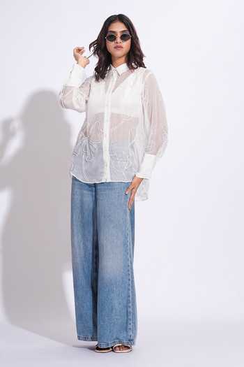 Shruti S_White Organza Collared Hand Embroidered Shirt _Online_at_Aza_Fashions