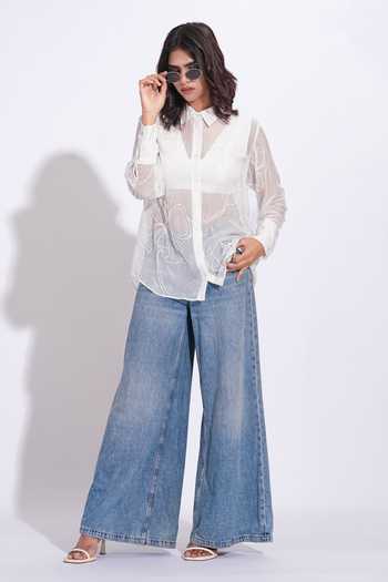 Buy_Shruti S_White Organza Collared Hand Embroidered Shirt _Online_at_Aza_Fashions