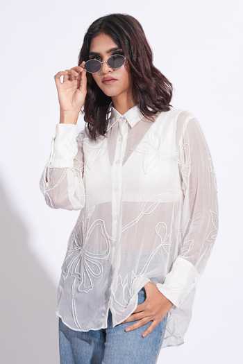 Shop_Shruti S_White Organza Collared Hand Embroidered Shirt _Online_at_Aza_Fashions