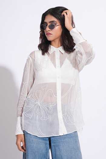 Shruti S_White Organza Collared Hand Embroidered Shirt _at_Aza_Fashions