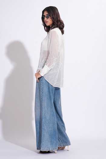 Buy_Shruti S_White Organza Collared Hand Embroidered Shirt 