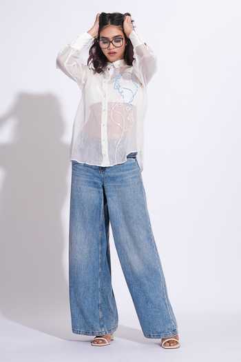 Shruti S_White Organza Collared Hand Embroidered Abstract Face Shirt _Online_at_Aza_Fashions