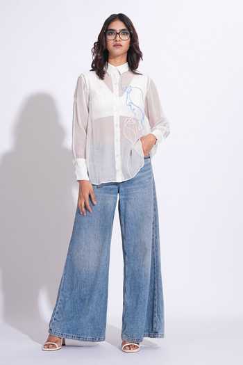 Buy_Shruti S_White Organza Collared Hand Embroidered Abstract Face Shirt _Online_at_Aza_Fashions