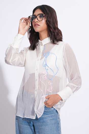 Shop_Shruti S_White Organza Collared Hand Embroidered Abstract Face Shirt _Online_at_Aza_Fashions