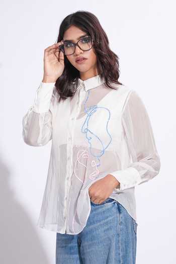 Shruti S_White Organza Collared Hand Embroidered Abstract Face Shirt _at_Aza_Fashions