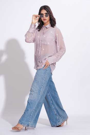 Shruti S_Purple Organza Collared Hand Embroidered Shirt _Online_at_Aza_Fashions