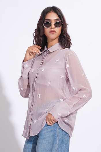 Buy_Shruti S_Purple Organza Collared Hand Embroidered Shirt _Online_at_Aza_Fashions