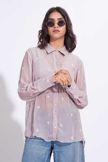 Shruti S_Purple Organza Collared Hand Embroidered Shirt _at_Aza_Fashions