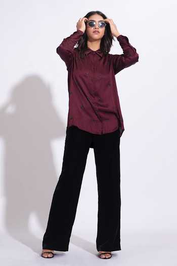 Shruti S_Burgundy Satin, Modal Collared Hand Embroidered Shirt _Online_at_Aza_Fashions
