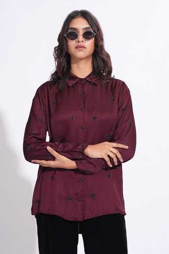 Buy_Shruti S_Burgundy Satin, Modal Collared Hand Embroidered Shirt _Online_at_Aza_Fashions