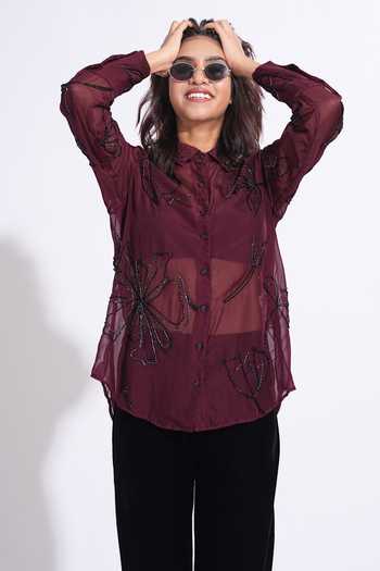 Shruti S_Burgundy Organza Collared Hand Embroidered Shirt _Online_at_Aza_Fashions