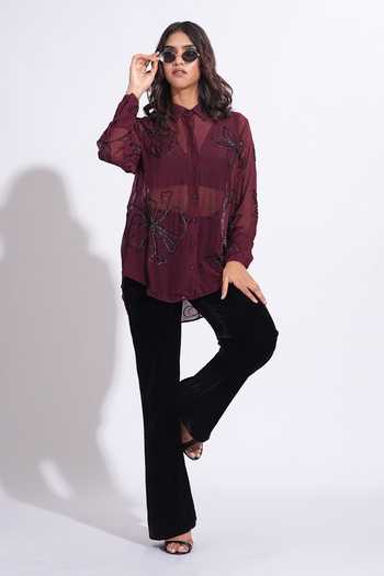 Buy_Shruti S_Burgundy Organza Collared Hand Embroidered Shirt _Online_at_Aza_Fashions
