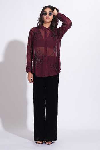 Shop_Shruti S_Burgundy Organza Collared Hand Embroidered Shirt _Online_at_Aza_Fashions
