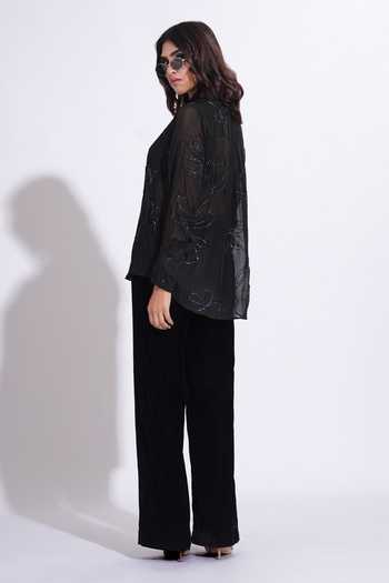 Buy_Shruti S_Black Organza Collared Hand Embroidered Shirt _Online_at_Aza_Fashions