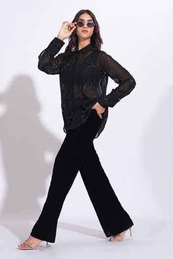 Shop_Shruti S_Black Organza Collared Hand Embroidered Shirt _Online_at_Aza_Fashions