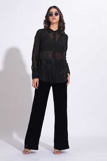 Shruti S_Black Organza Collared Hand Embroidered Shirt _at_Aza_Fashions