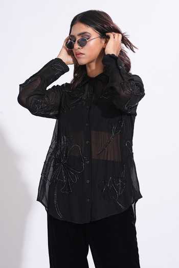 Buy_Shruti S_Black Organza Collared Hand Embroidered Shirt 