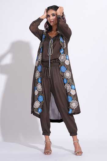 Shruti S_Brown Organza, Satin, Modal Scoop Neck Embroidered Cape Pant Set _Online_at_Aza_Fashions