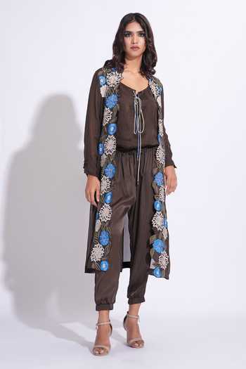 Buy_Shruti S_Brown Organza, Satin, Modal Scoop Neck Embroidered Cape Pant Set _Online_at_Aza_Fashions