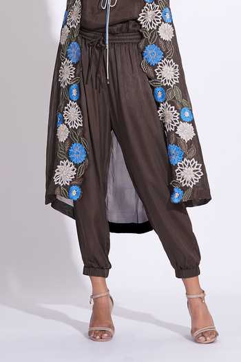 Shop_Shruti S_Brown Organza, Satin, Modal Scoop Neck Embroidered Cape Pant Set _Online_at_Aza_Fashions