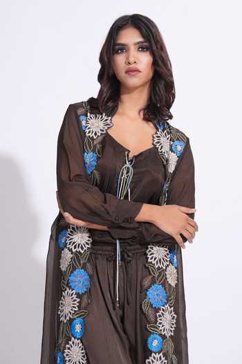 Shruti S_Brown Organza, Satin, Modal Scoop Neck Embroidered Cape Pant Set _at_Aza_Fashions