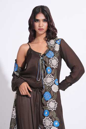 Buy_Shruti S_Brown Organza, Satin, Modal Scoop Neck Embroidered Cape Pant Set 