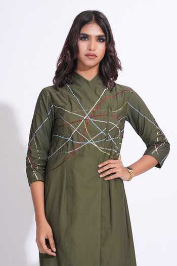 Shruti S_Olive Green Cotton Mandarin Collar Sequin Embroidered Dress _Online_at_Aza_Fashions